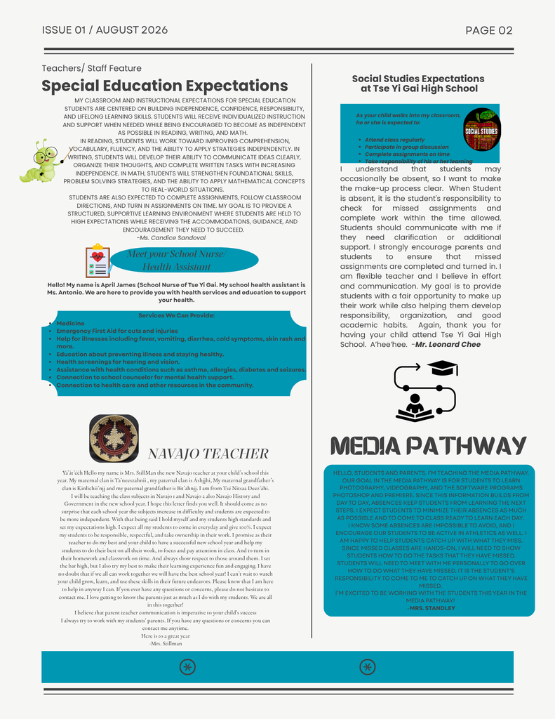 Document with blue and black text titled "Special Education Expectations" with a green illustration. "NAVAJO TEACHER" and a logo appear on the left. The right side features text and a flowchart.