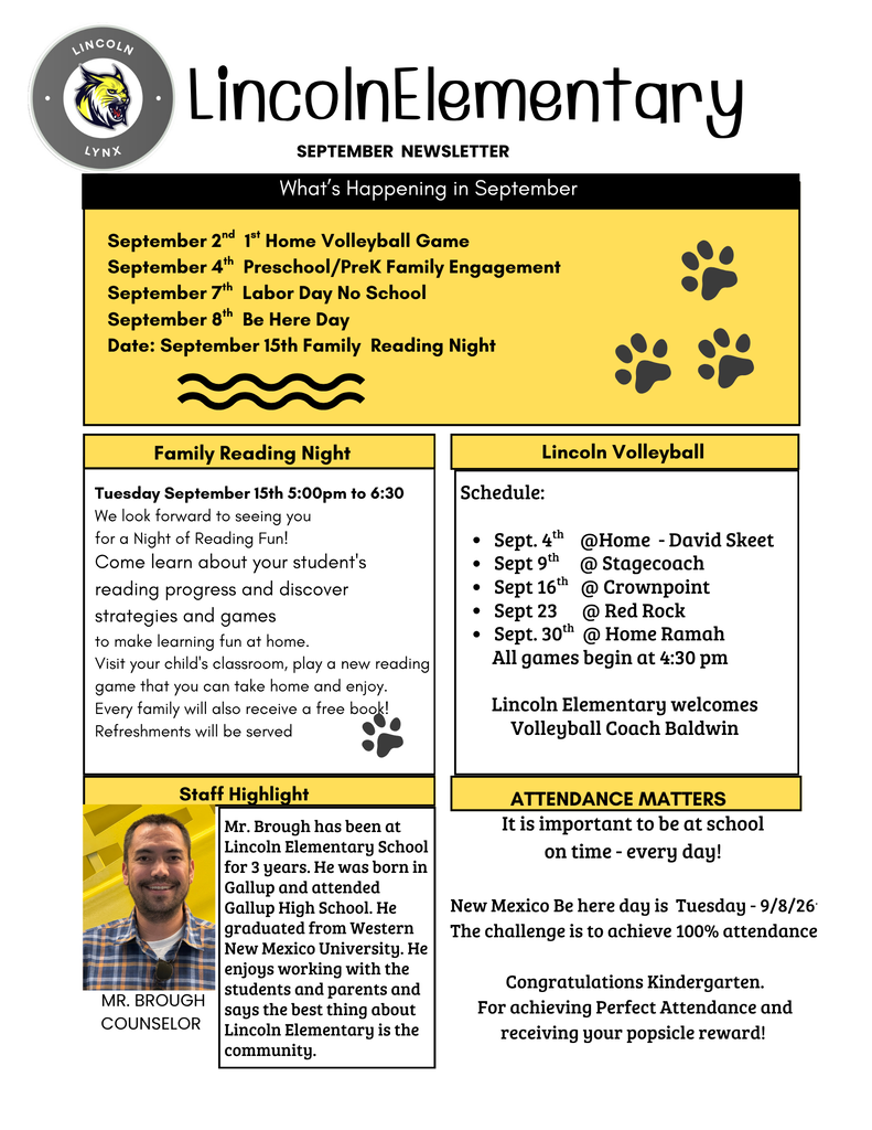 A newsletter from Lincoln Elementary with sections on events, schedules, and attendance. Highlighted events include Family Reading Night and Labor Day.