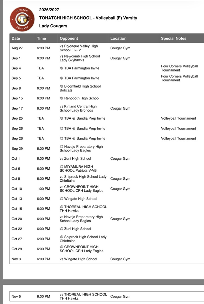 Varsity Volleyball Schedule