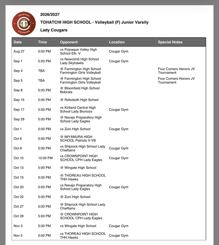 Junior Varsity Volleyball Schedule