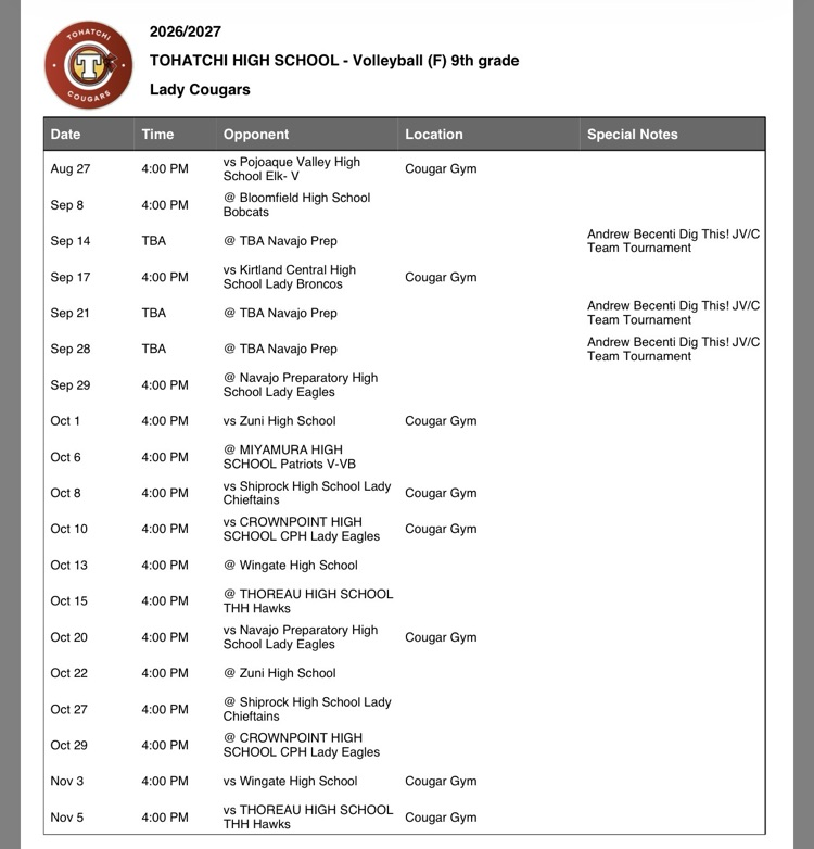 C-Team Volleyball Schedule