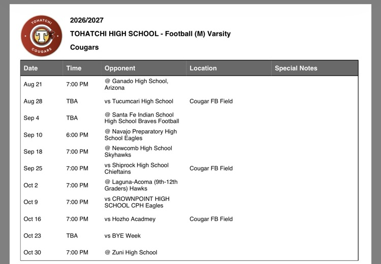 varsity football schedule
