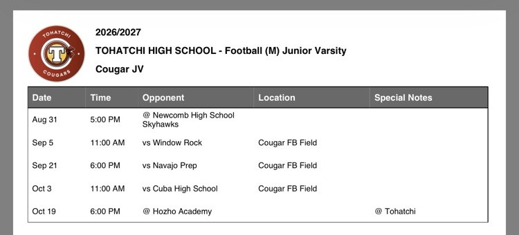 Junior varsity football schedule