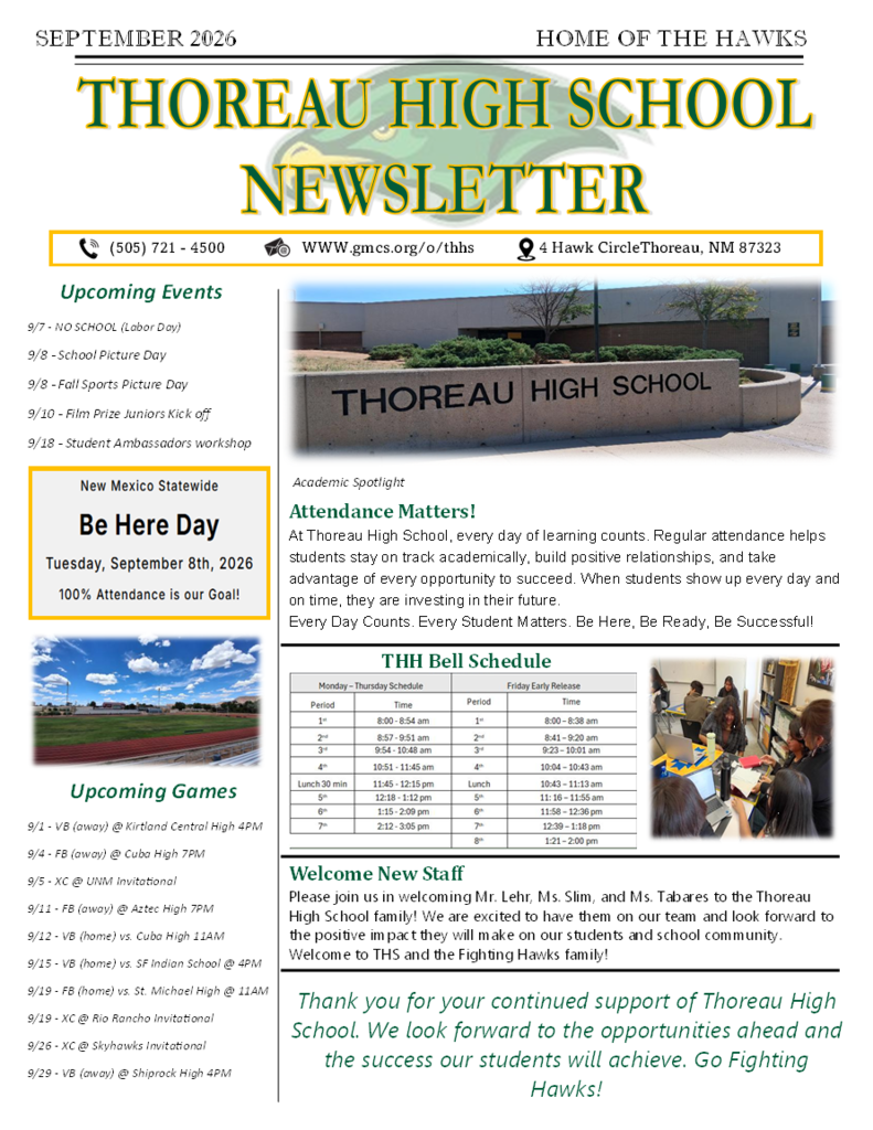 A newsletter for Thoreau High School with sections on upcoming events, attendance matters, and new staff introductions. It includes a school building image and a small group of people.