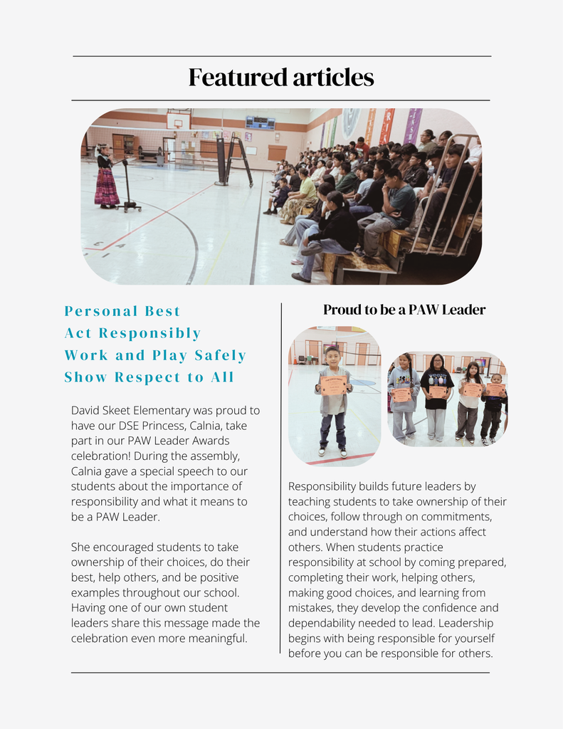 A page displays articles on personal best and responsible work. An image shows students seated, holding signs, and another image features students in school attire.