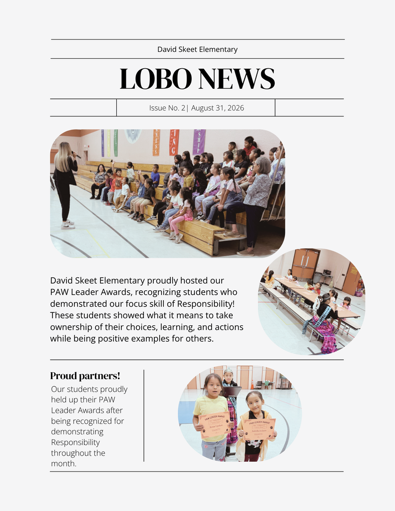 Newspaper page with "LOBO NEWS" at top. Photo of seated children with teachers, and two children holding signs.