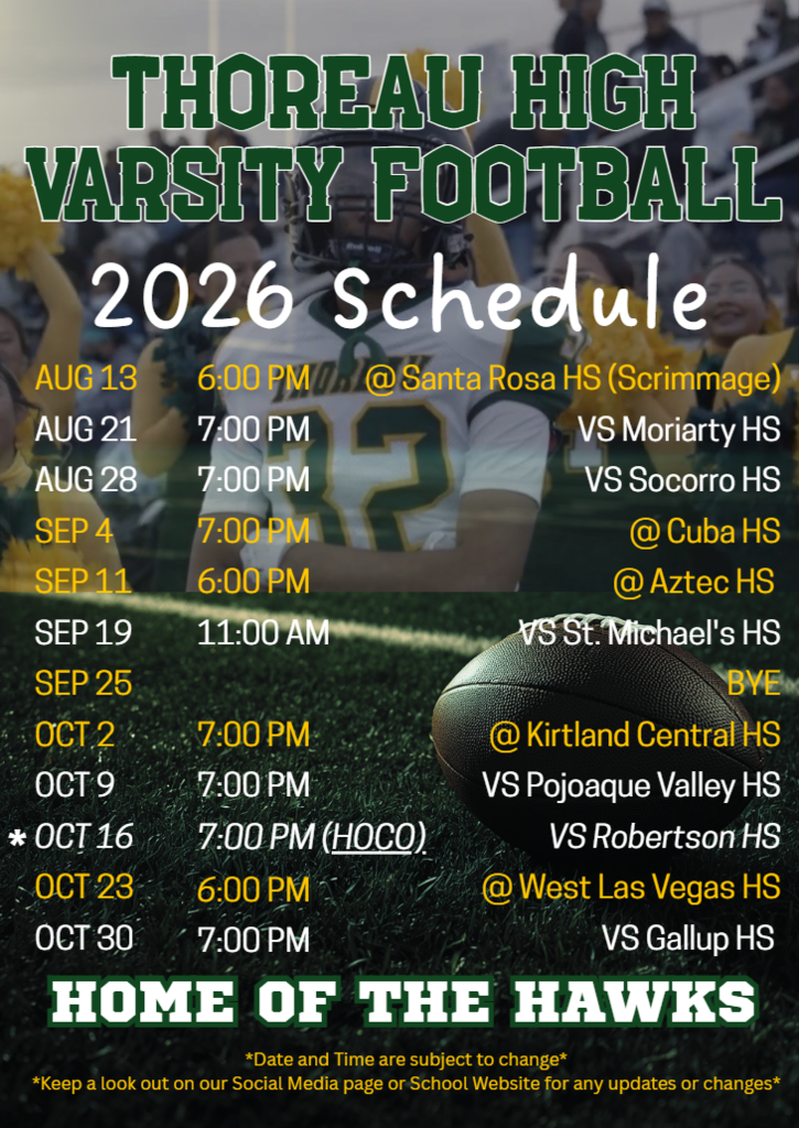 Green background with white text. "2026 Schedule" at the top. Schedule list includes dates, times, and opponents.