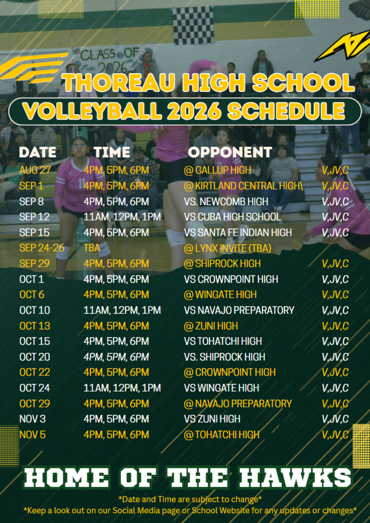 Poster for the 2026 Thoreau High School Volleyball Schedule. Dates and times listed. Opponents include Karlland, Gilland Central, etc.