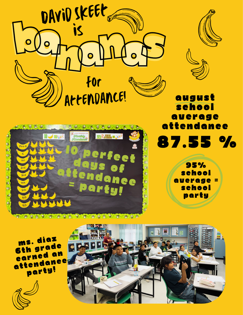 Yellow background with "David Skeet is bananas for Attendance!" Students in a classroom. Banner displays school attendance with 87.55% average.
