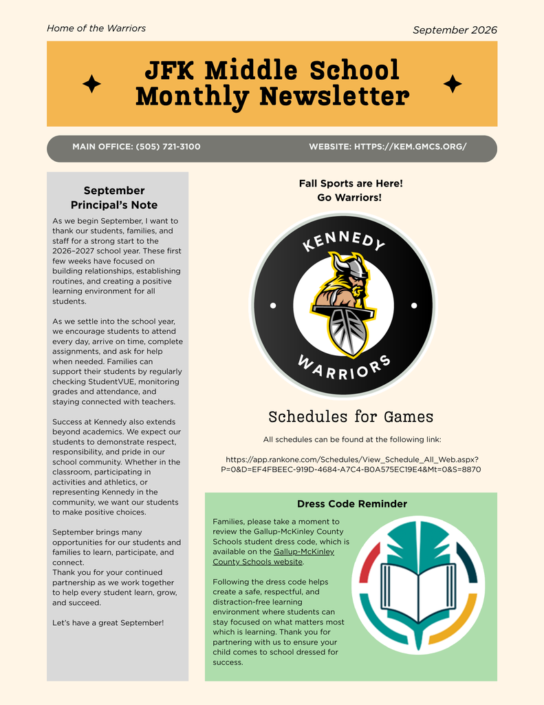 JFK Middle School newsletter dated September 2026. It contains sections for Principal's Note, Fall Sports, Schedules for Games, and Dress Code Reminder.