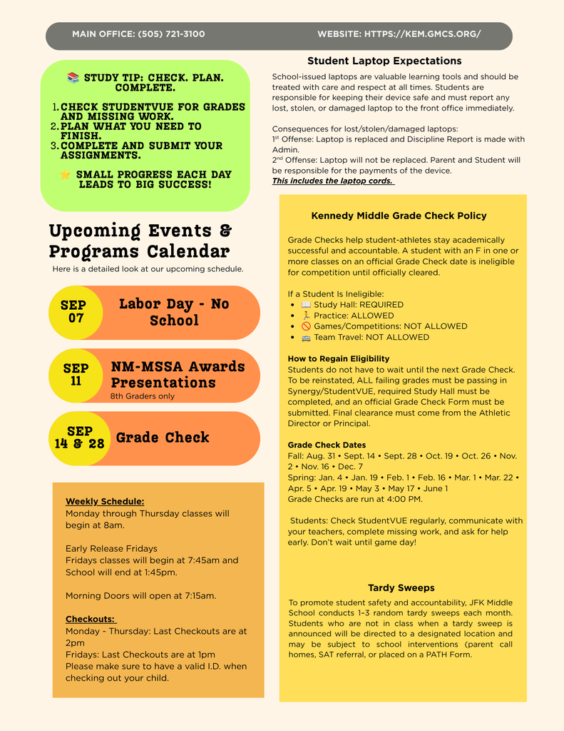 Document displays a calendar with upcoming events and programs, including dates, times, and titles like "Labor Day" and "Grade Check."