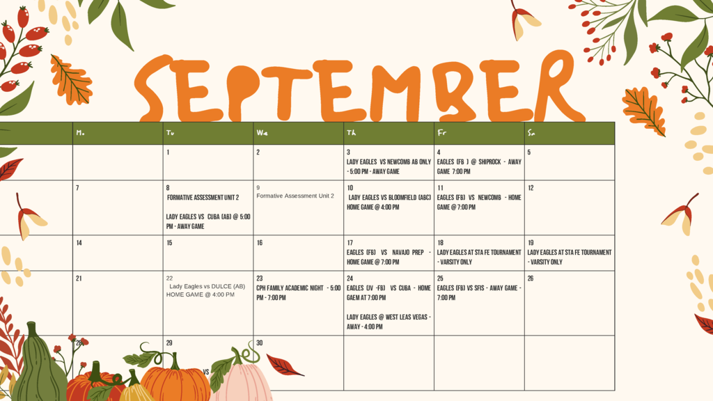 A calendar for September, with a leafy, autumn-themed border, pumpkins, and pumpkins. Green text reads "SEPTEMBER".
