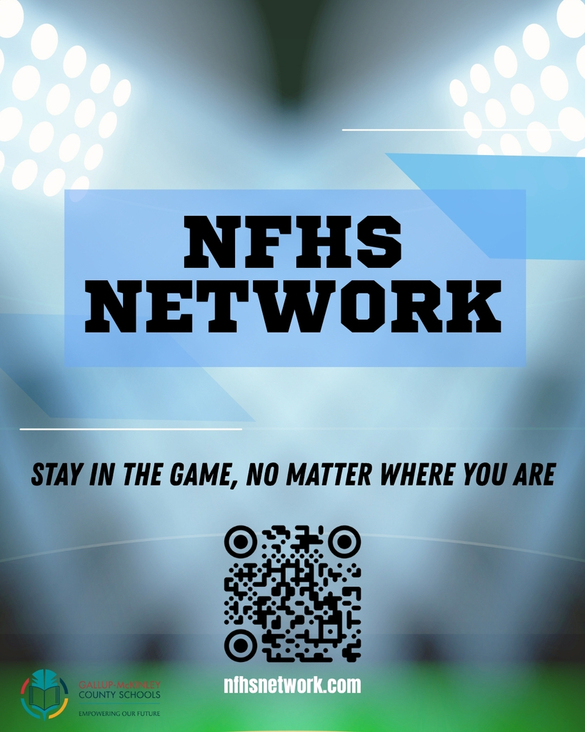 NFHS Network. Stay in the game, no matter where you are. QR Code. nfhsnetwork.com. Background is stadium lights that give off a blue hue.