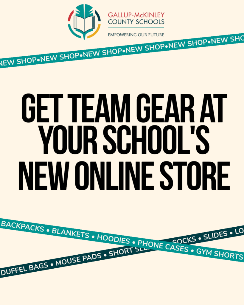 A white page with teal lines displaying a logo and text. The text reads "Get Team Gear at Your School's New Online Store".