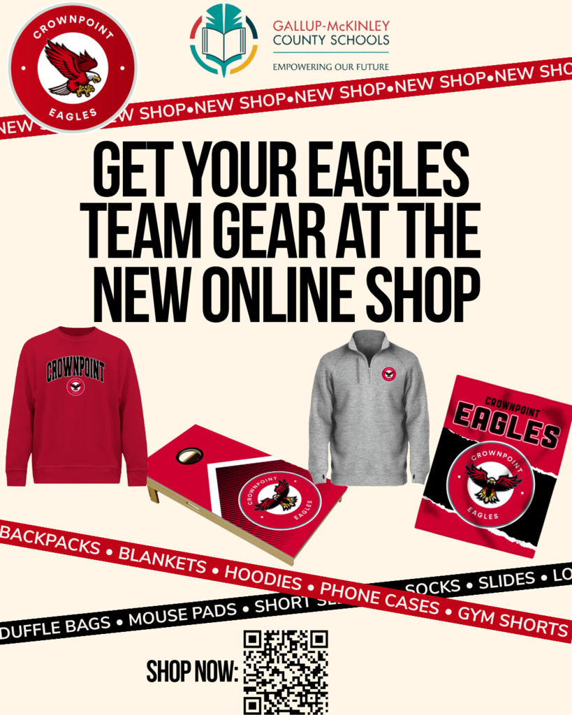 Advertisement for Crownpoint Eagles team gear with a red and white logo, red sweatshirt, gray sweatshirt, cornhole, and other items.