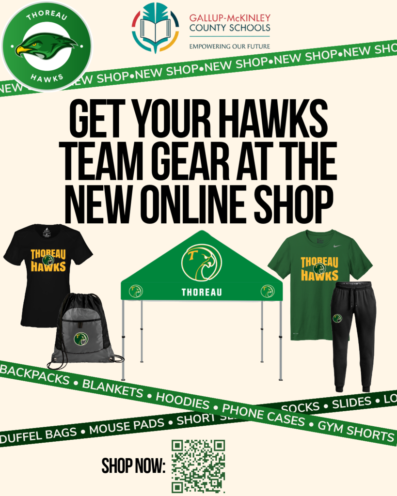 A poster displays school team merchandise. On the left, a T-shirt and backpack. In the center, a tent. On the right, a T-shirt and sweatpants.