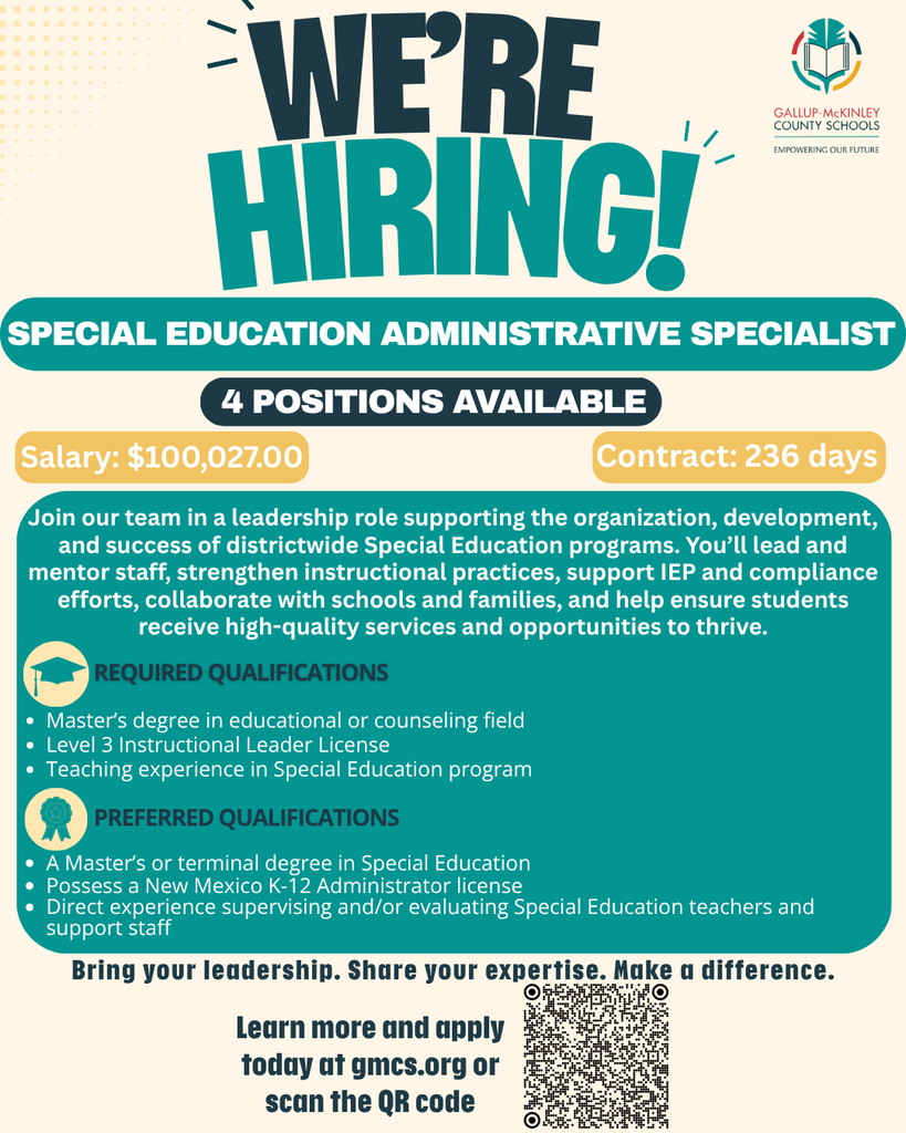Recruitment poster for Special Education Administrative Specialist positions. Features include salary, contract length, required and preferred qualifications, and a QR code for applications.