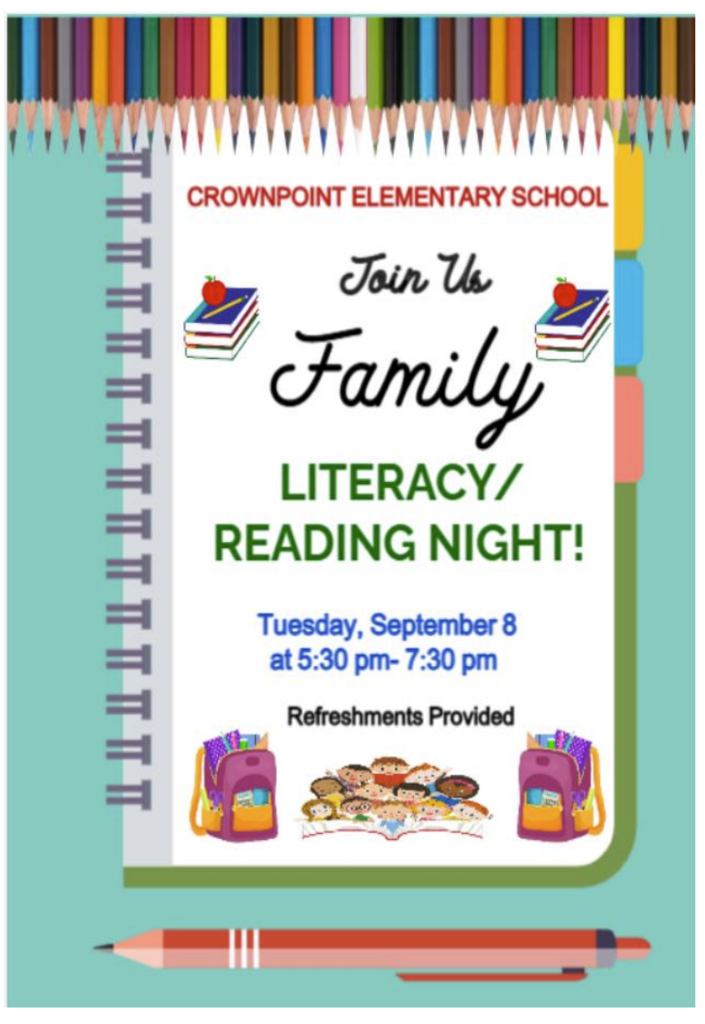 Event flyer with colorful pencils, books, and school bags. Text reads: Join Us Family Literacy/Reading Night! Date: Tuesday, September 8, 5:30-7:30 pm.