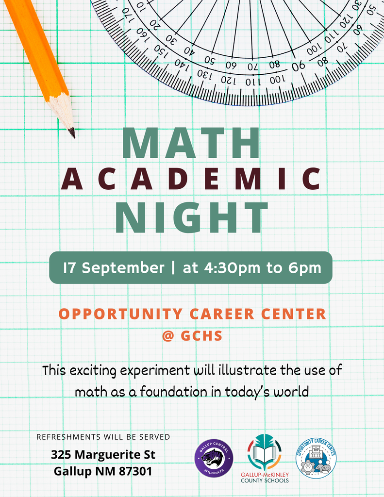 Flyer for Math Academic Night on September 17 from 4:30pm to 6pm. Features pencil, protractor, and grid.