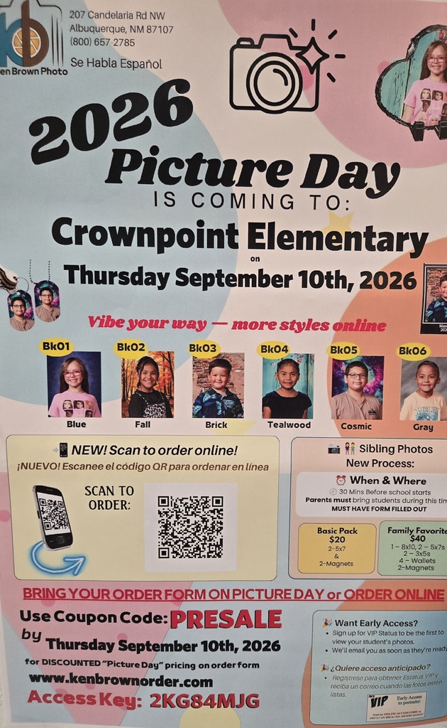 Poster for Crownpoint Elementary Picture Day on September 10, 2026. Features images of children, text, and QR code.
