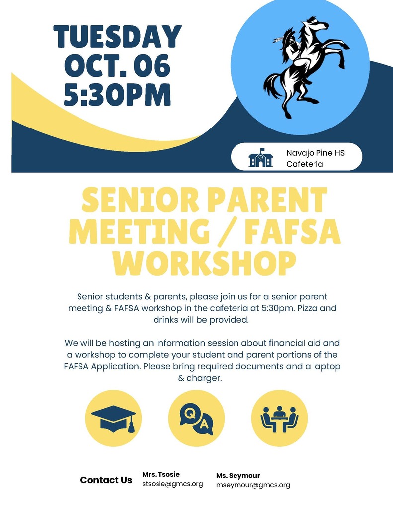 Flyer with blue and yellow background. It reads: "TUESDAY OCT. 06 5:30PM SENIOR PARENT MEETING / FAFSA WORKSHOP."