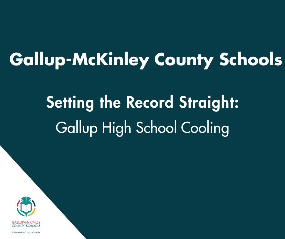 Blue background displays "Gallup-McKinley County Schools" in white text. Below, a white border shows "Setting the Record Straight: Gallup High School Cooling."