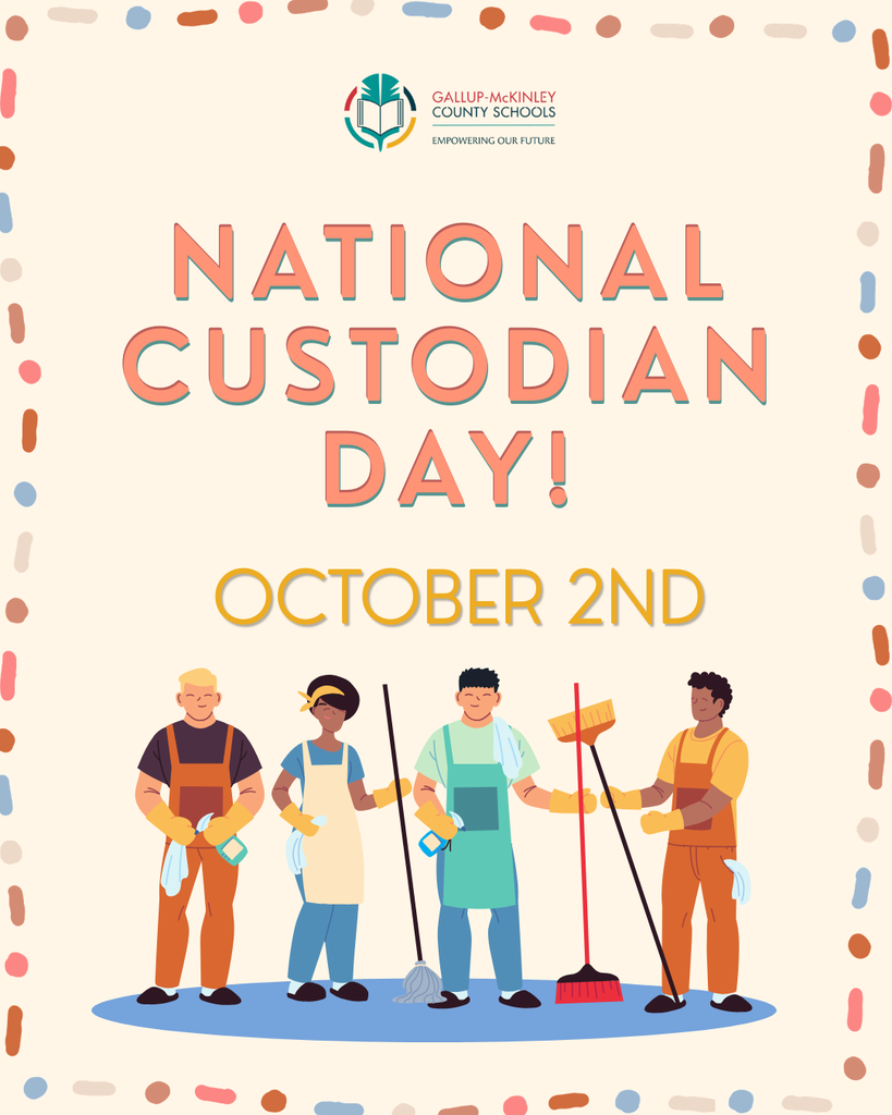 A poster with a multi-colored border shows four people in uniforms cleaning. Above them, the text reads "National Custodian Day!" and "October 2nd."