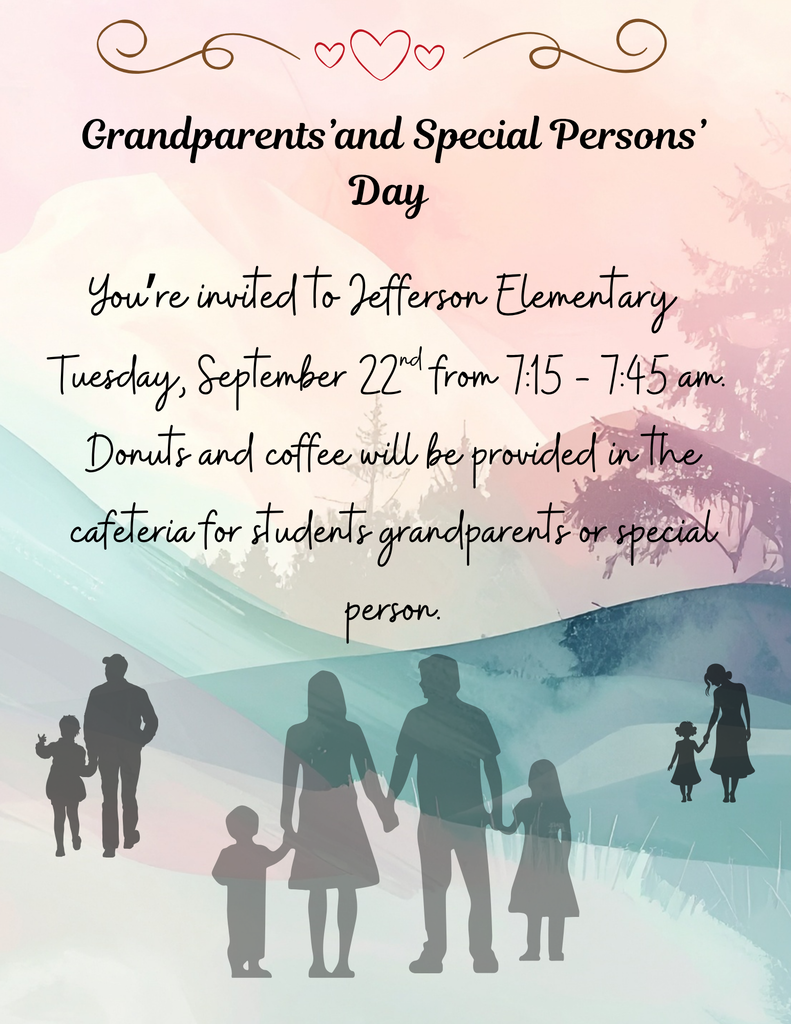 ☀️ Good morning, Jefferson Family! Just a friendly reminder that our Grandparents & Special Person Day is coming up! Tuesday, September 22nd 7:15–7:45 AM We invite our Jefferson Jets to bring a grandparent or special person to join us for a sweet start to the morning! Donuts and coffee will be provided! “The greatest gift we can give a child is our time, our love, and the memories they will carry with them forever.” The special people in a child’s life help shape who they become. Your presence, encouragement, and love matter more than you may ever know. 💙 We can’t wait to celebrate the amazing grandparents and special people who help our Jefferson Jets earn their wings! ✈️💙