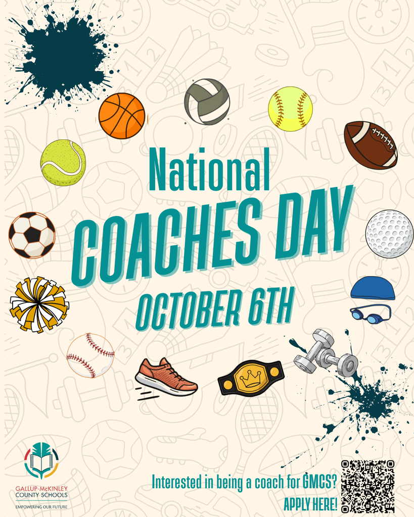 Poster highlights National Coaches Day on October 6th with sports icons like football, basketball, and tennis. The background is white with colorful sports and equipment images.