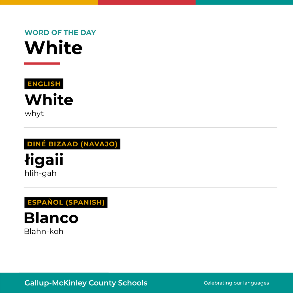 Brightly colored page displaying "Word of the Day: White" in bold letters with translation in English, Navajo, and Spanish.