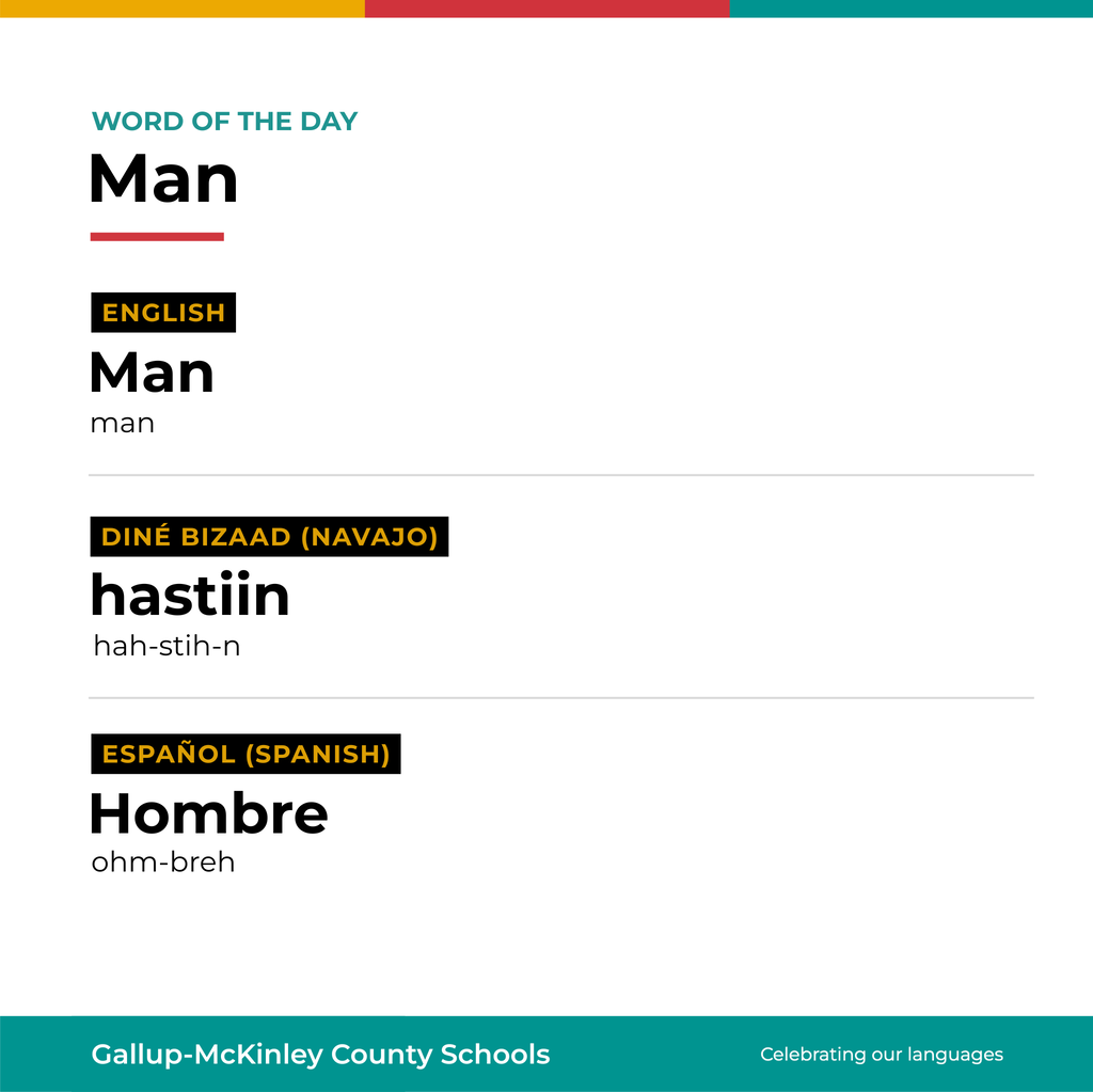 "Word of the Day" text with "Man" displayed prominently. English, Navajo, and Spanish translations shown.
