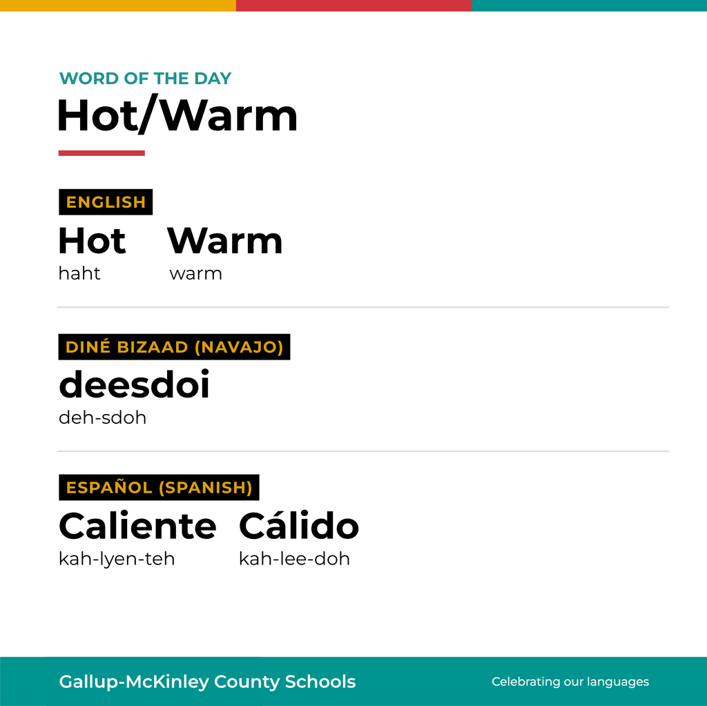 A white background displays "Word of the Day" with "Hot/Warm" in bold. Below are translations in English, Navajo, and Spanish.
