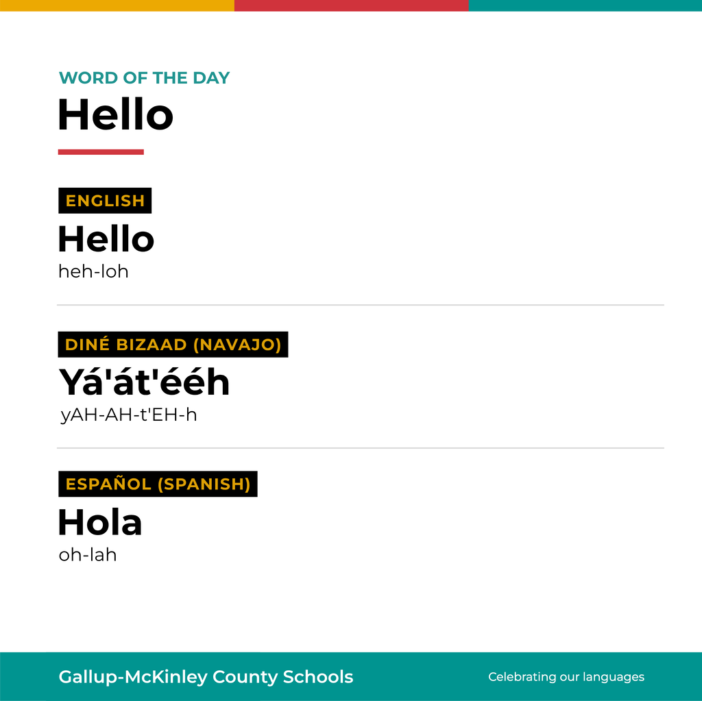 Display of "Word of the Day" for Hello, showing translations in English, Navajo, and Spanish.