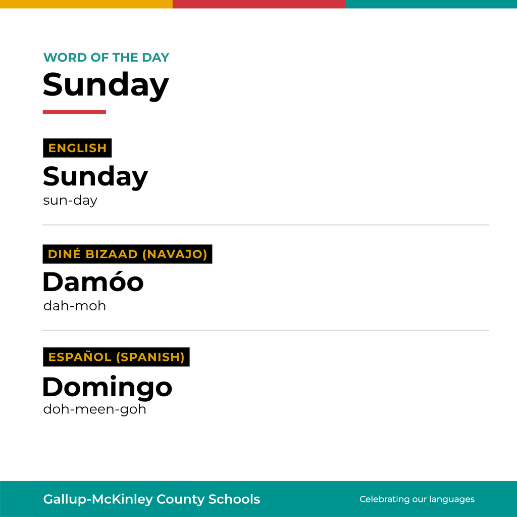 Text on a white background reads "Word of the Day". The word is "Sunday" in English, "Damo" in Navajo, and "Domingo" in Spanish.