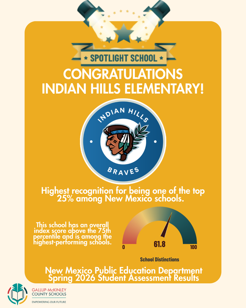 Yellow background. Text reads "CONGRATULATIONS INDIAN HILLS ELEMENTARY!" followed by "Highest recognition for being one of the top 25% among New Mexico schools."