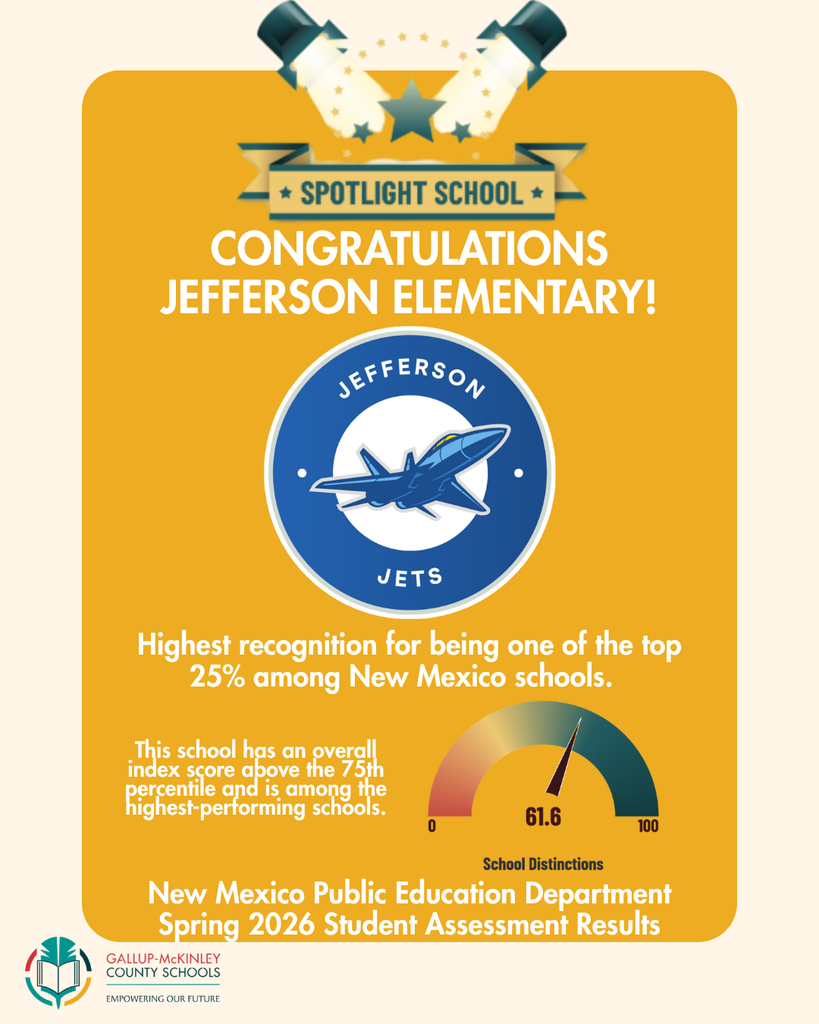 A yellow poster with a blue circle featuring an airplane logo. Text reads "Congratulations Jefferson Elementary Jets." The circle contains a 75% meter.