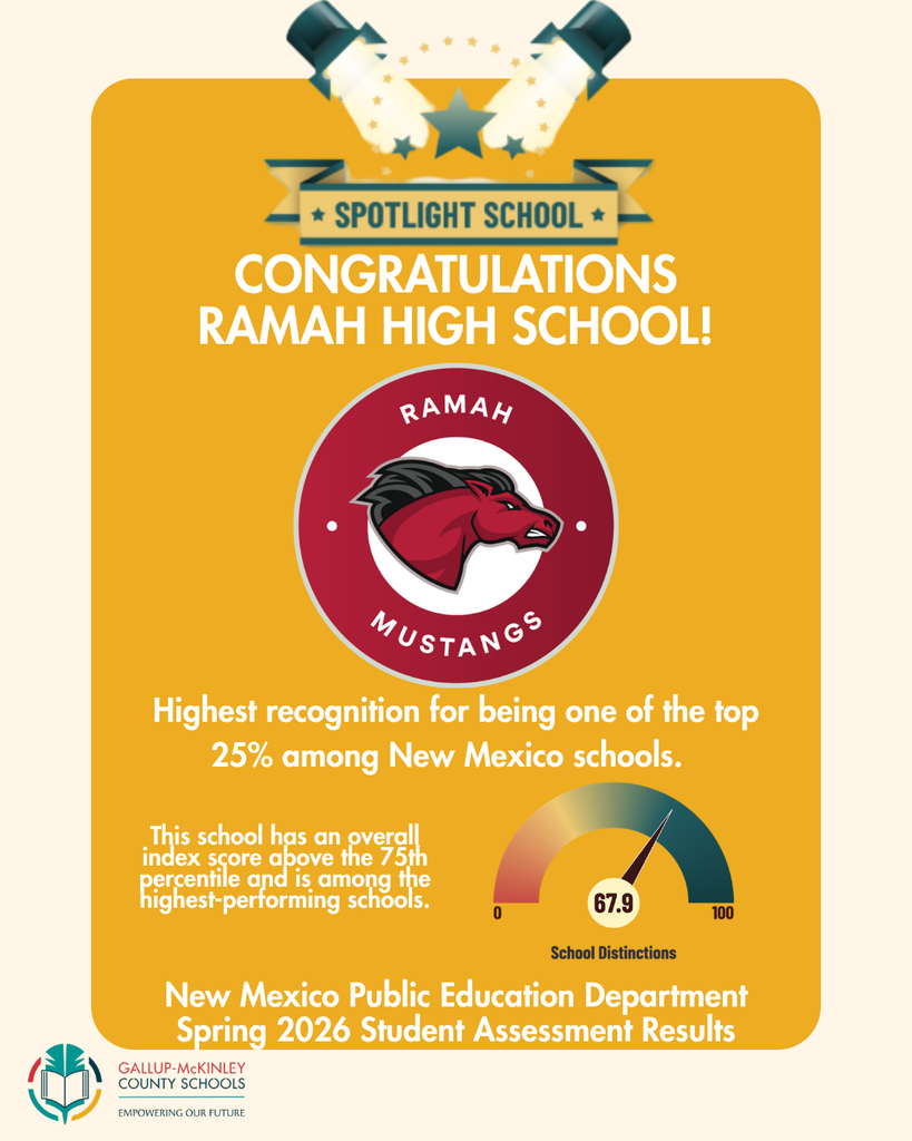 Graphic displays "Congratulations Ramah High School!" with a horse logo. Text notes recognition in top 25% of New Mexico schools.