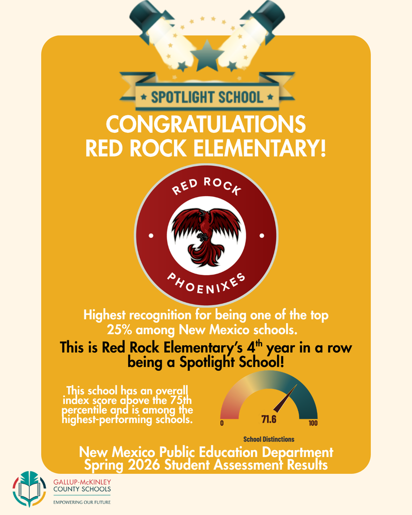 An orange banner congratulates Red Rock Elementary with a red Phoenixes logo. Text highlights its high performance.