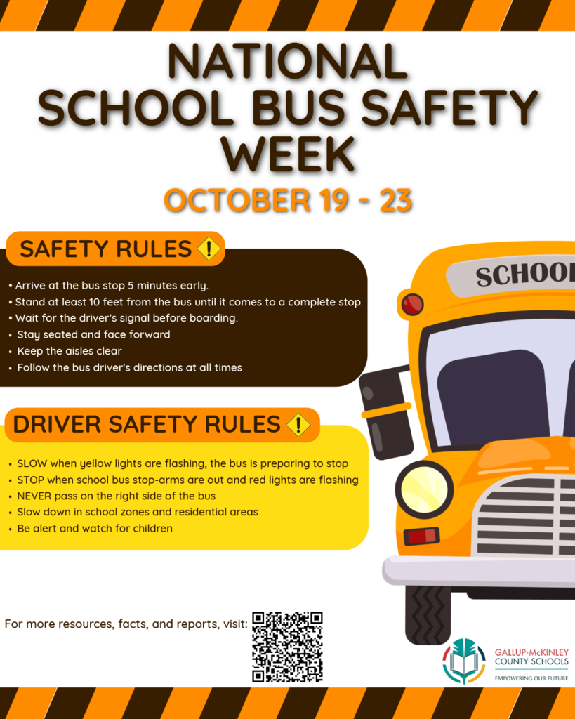 An informational graphic highlights "National School Bus Safety Week" from October 19-23. It includes safety rules for students and drivers, with a school bus in the background.