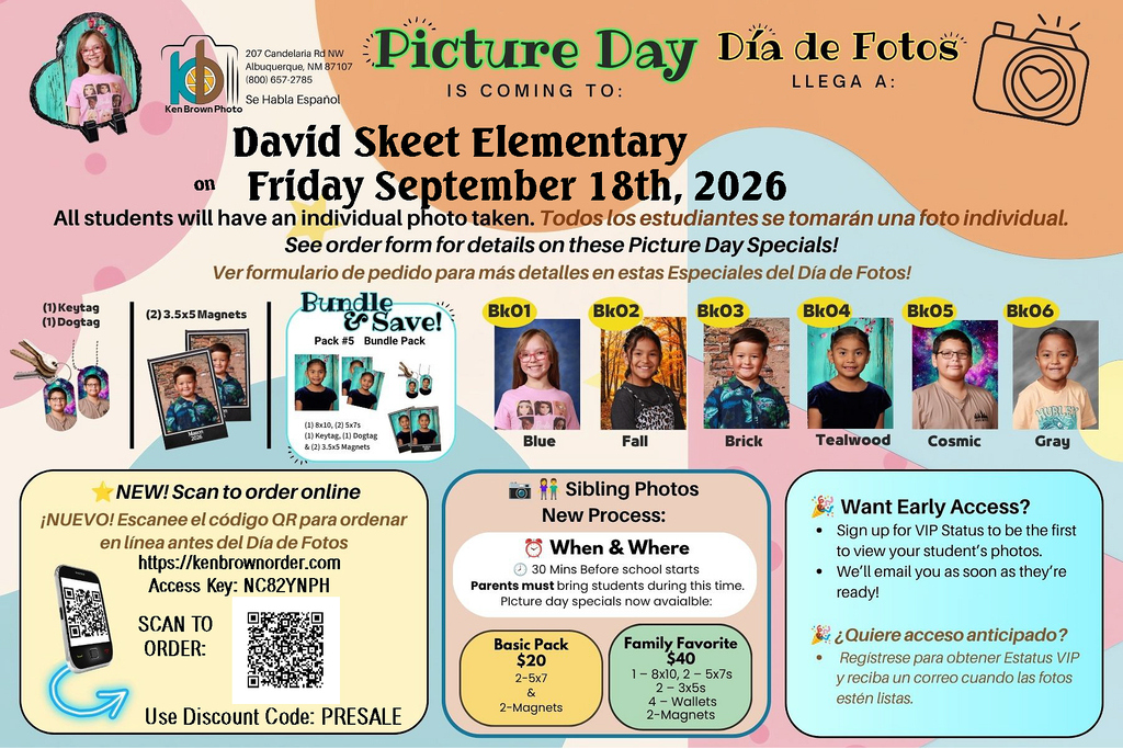 Poster with "Picture Day" in large letters. Multiple images of children and QR codes. Dates and additional information below.