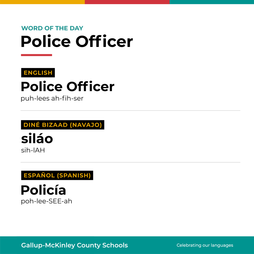 Display of "Word of the Day" with term "Police Officer" in English, Navajo, and Spanish.
