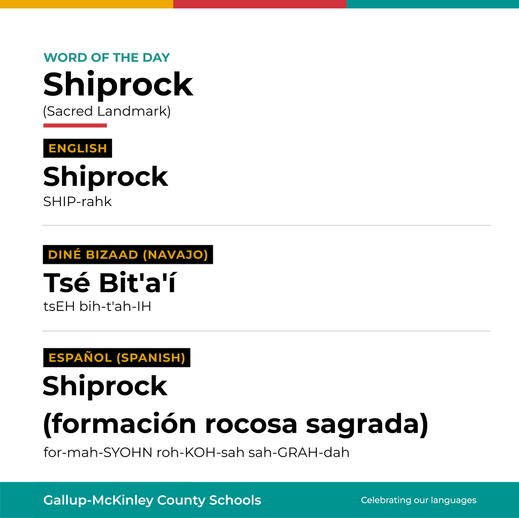 A white page displays "Word of the Day" in blue text. Below it, "Shiprock" appears in bold with "(Sacred Landmark)" in parentheses.