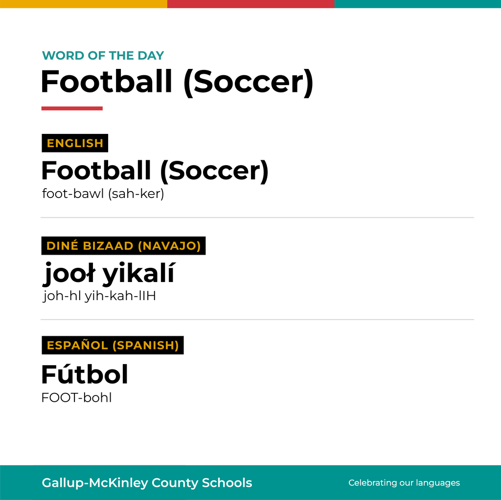 Graphic displays the word for football in English, Navajo, and Spanish with pronunciation.
