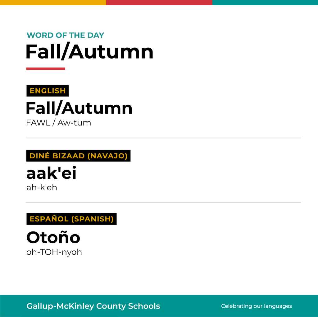 Words for "fall" in English, Navajo, and Spanish displayed. Background is white.