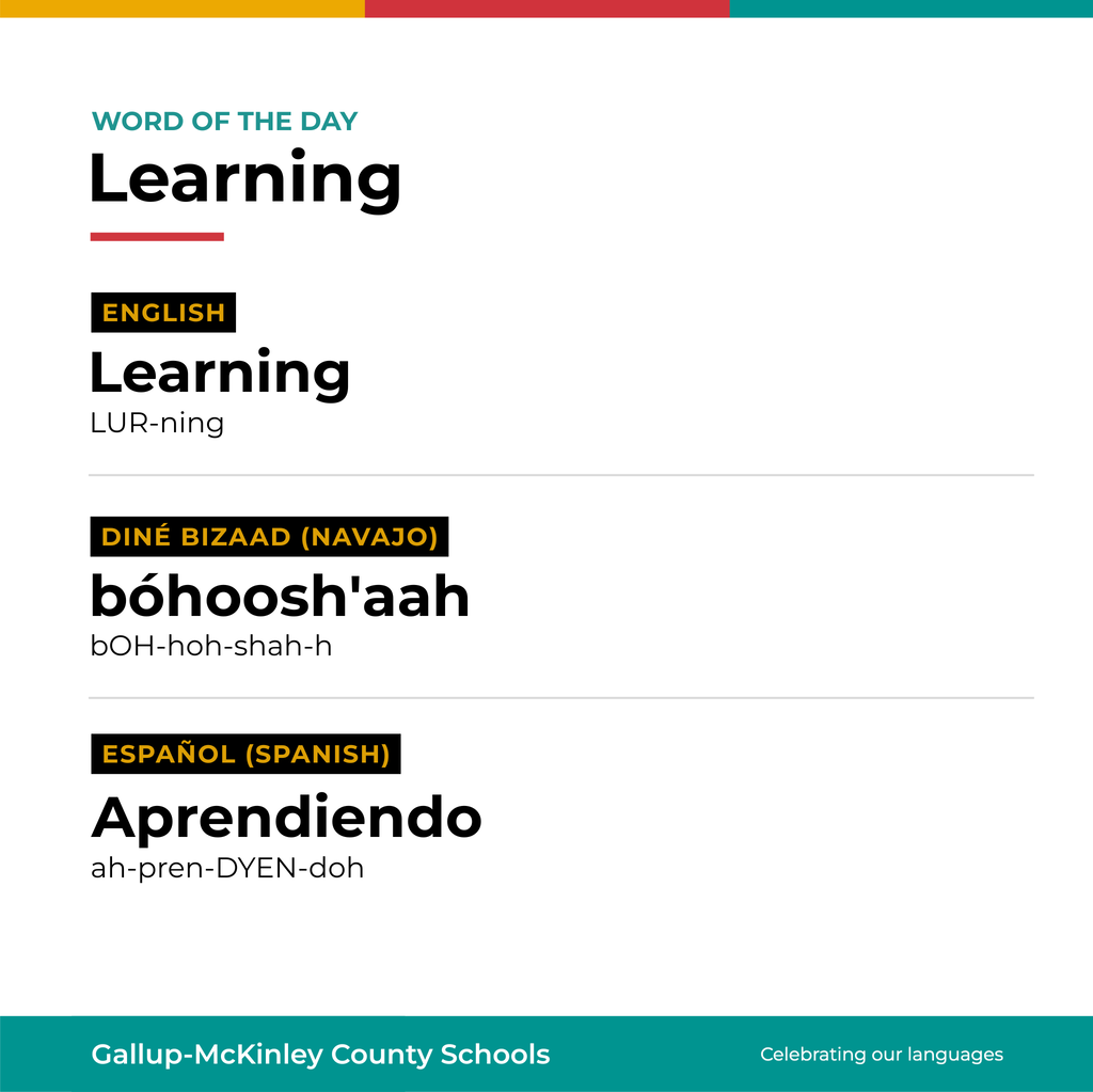A colorful poster displays the word "Learning" in multiple languages. Below the word, it shows pronunciations.