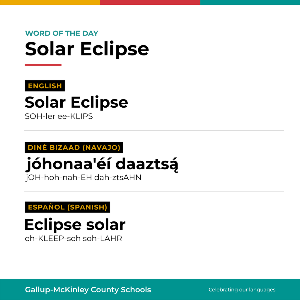 A page showing "Word of the Day: Solar Eclipse" with English, Navajo, and Spanish translations.