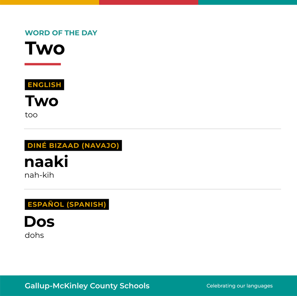 Displayed words in multiple languages: English: Two, too; Navajo: naaki, nah-kih; Spanish: Dos, dohs.
