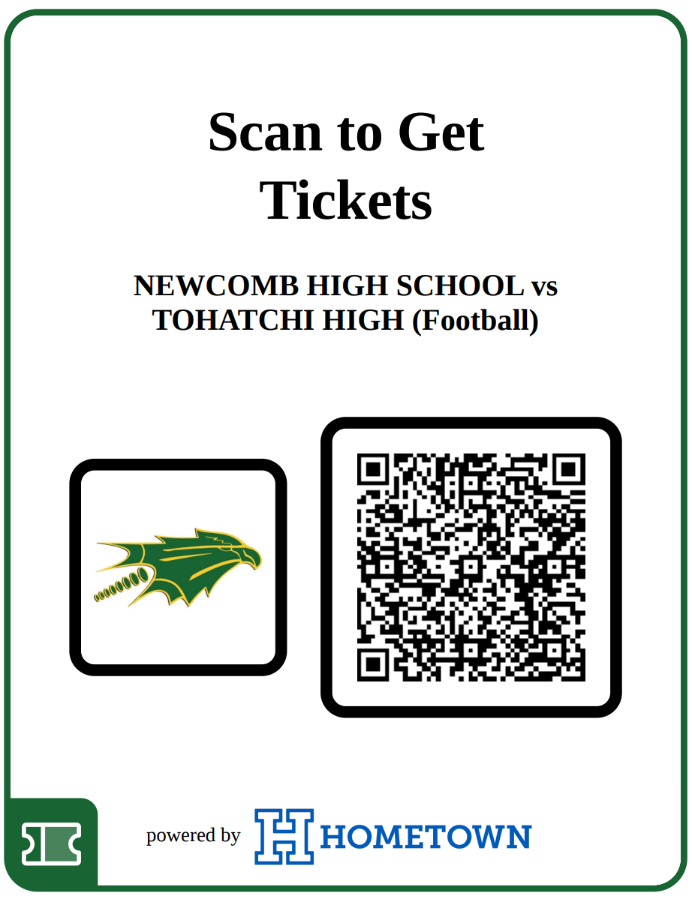 Poster for Newcomb High School vs. Tohatchi High football game. It features a green eagle logo and a QR code.