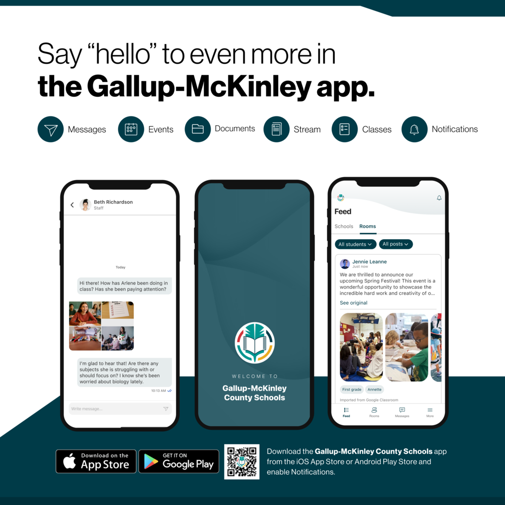 Three mobile phones display a school app with sections like messages, events, documents, and notifications.