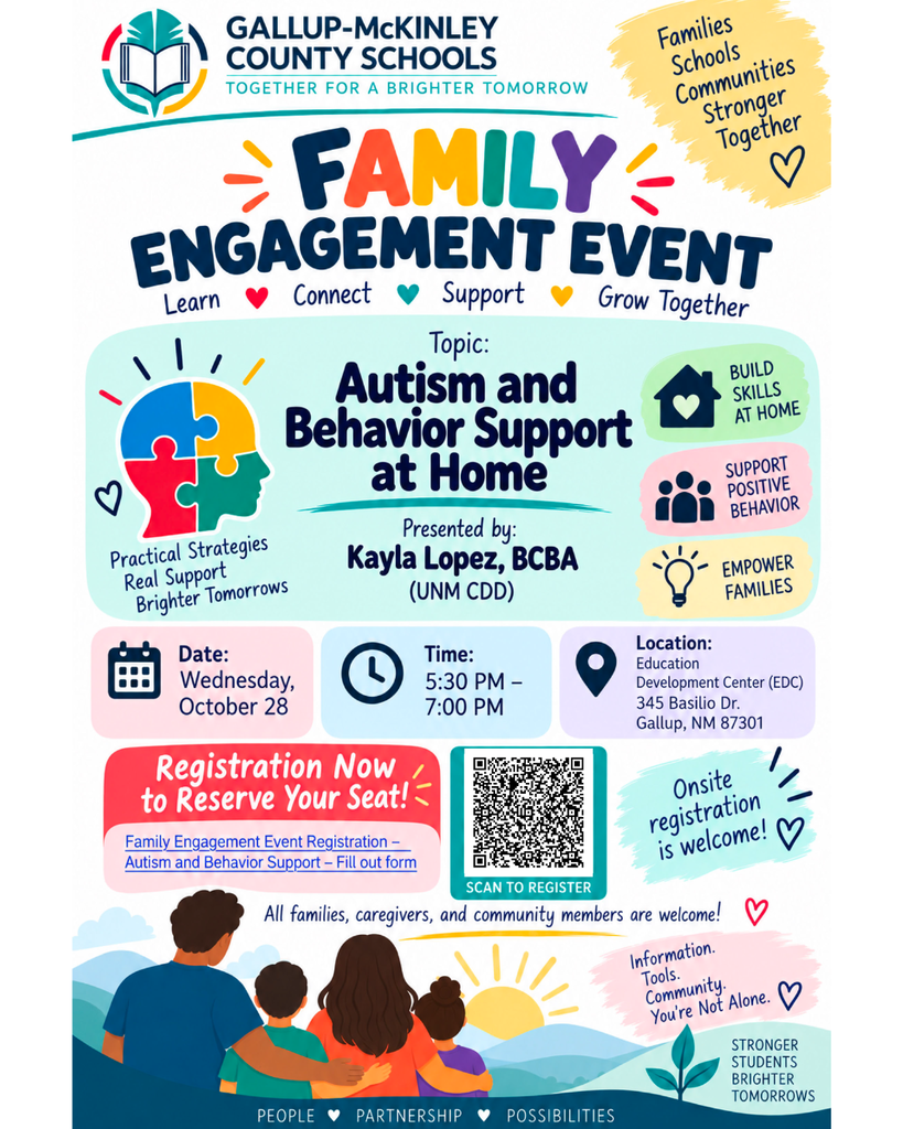 A poster invites families to a Family Engagement Event on Autism and Behavior Support at Home. It includes a QR code, a family icon, and other icons.